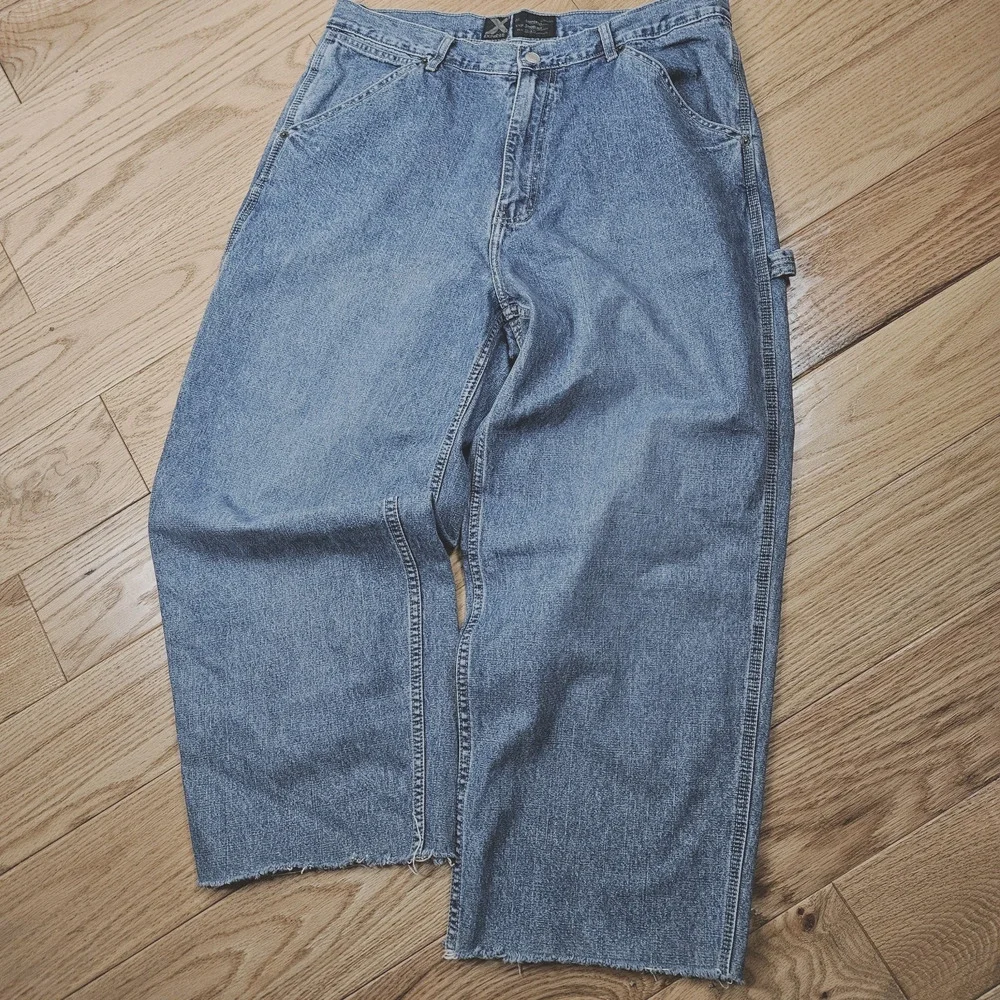 Y2K Wide Leg SkaterJeans 36x27 raw hem Super Baggy Faded sand blast